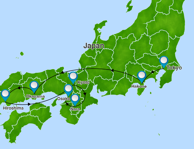 Japan Hightlight 10-day tour route map